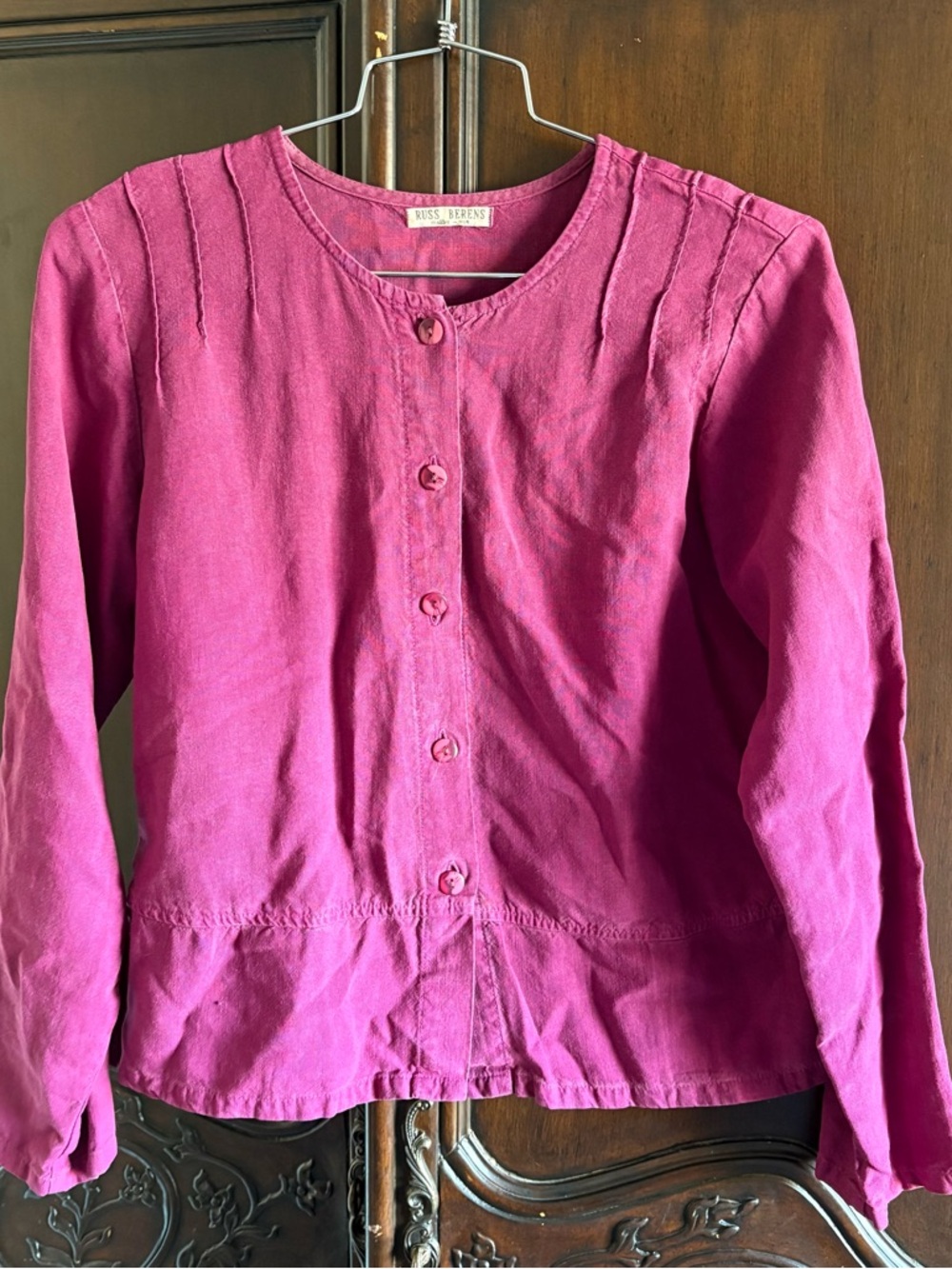 Russ Berens Magenta Pink Linen Blend Button Up Blouse Made in USA Small